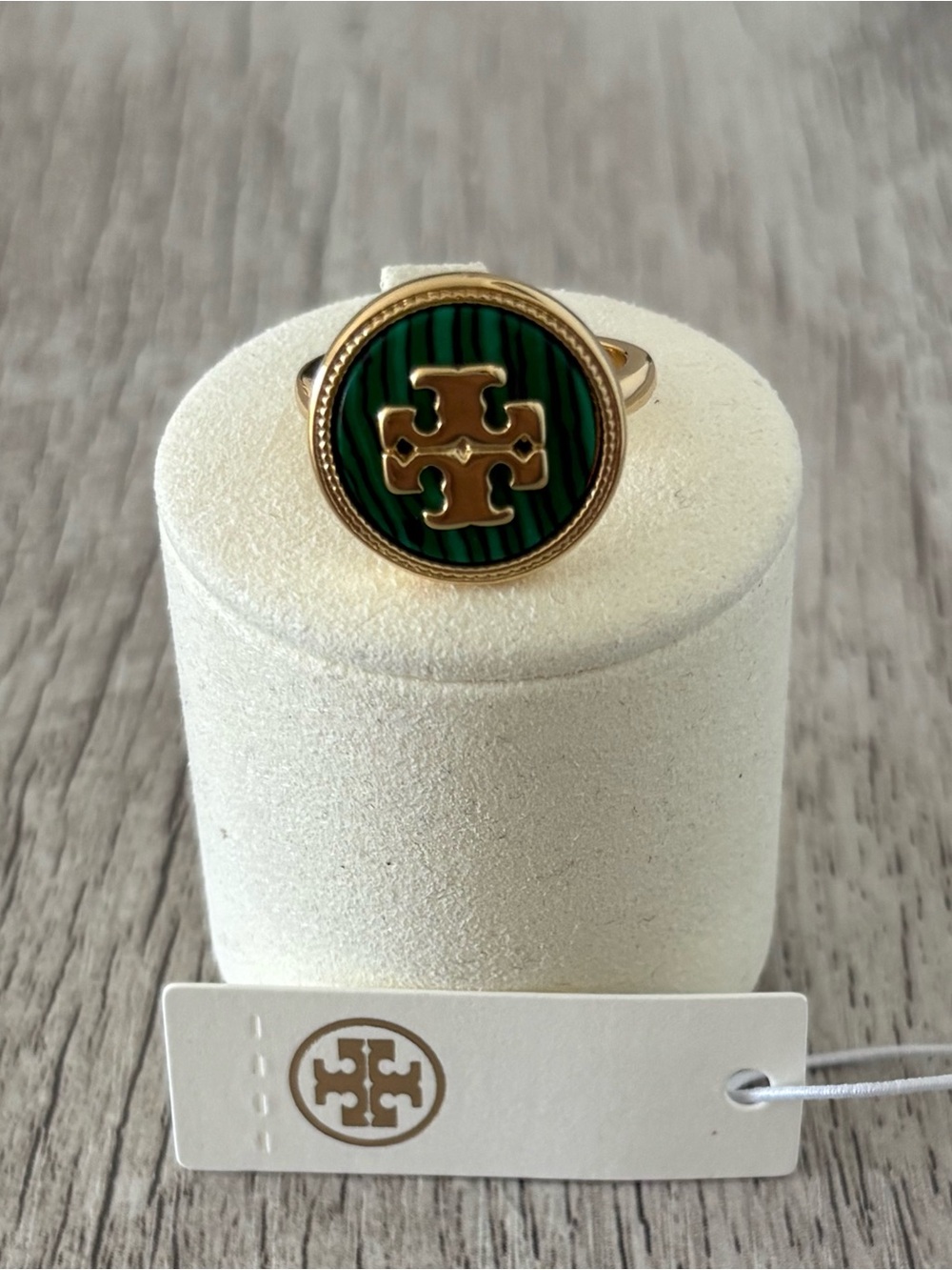 Tory Burch Gold Logo Ring with Green Malachite
